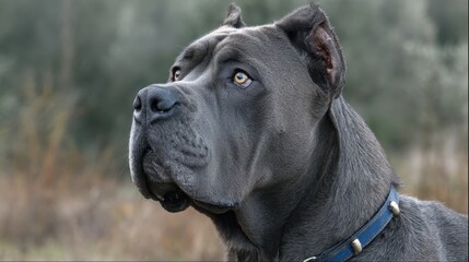 Handsome gray Cane Corso breed dog is looking alertly to the side outdoors. Perfect for articles about dog breeds, canine health, or responsible pet ownership.