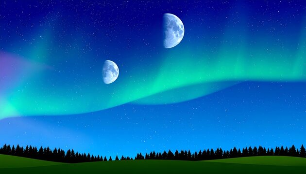 Two Moons, Aurora Borealis, and Night Sky over a Field.