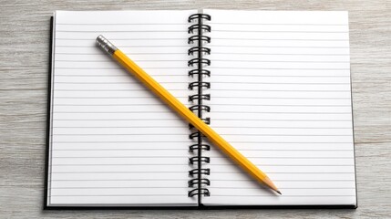 Blank lined notebook lying open on rustic wooden surface, graphite pencil angled across page, signaling creative writing preparation