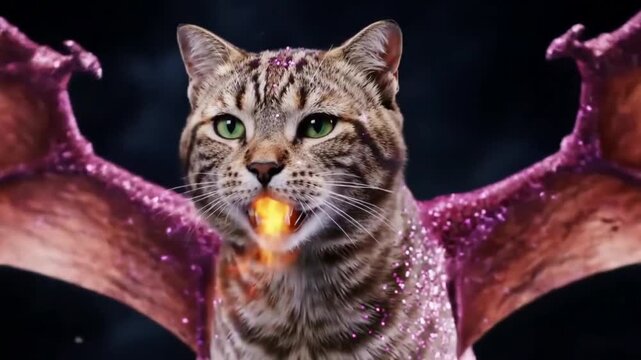 Um gato majestoso com asas de drag&atilde;o grandiosas e brilhantes, soltando chamas alaranjadas e amarelas pela boca aberta, contra um fundo escuro e misterioso, com glitter rosa cintilante espalhado pelo c