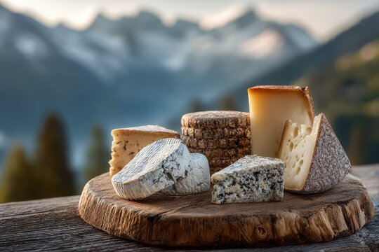 Various cheeses on a rustic wooden board with mountain scenery backdrop. Great for blog about cheese, local food, and travel related content.