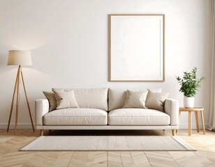 Minimalist Living Room with Beige Sofa, Wooden Floor, and Empty Frame