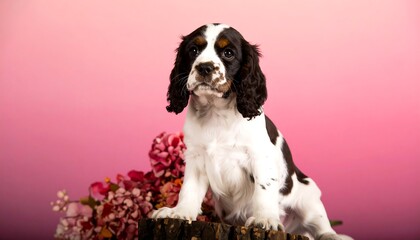 A charming young spaniel puppy sits amongst decorative flowers against a soft pink backdrop, exuding a sweet and innocent mood.