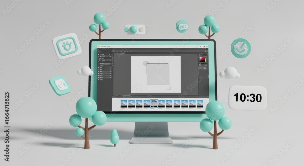 Poster modern computer setup with digital tools and nature elements