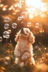 Puppy chasing bubbles in garden, golden sunlight, cinematic shallow depth
