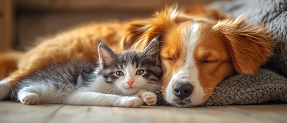 Puppy cuddling with kitten, soft morning light, cozy closeup lens