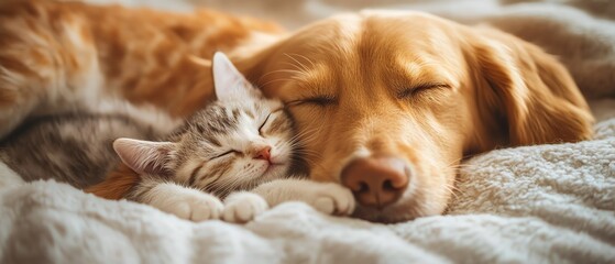 Puppy cuddling with kitten, soft morning light, cozy closeup lens