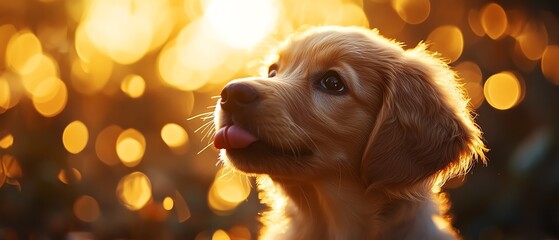 Puppy licking camera lens, playful golden light, cinematic macro