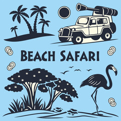 Vintage beach safari illustration with palm trees, jeep, and flamingo © GraphicsClip