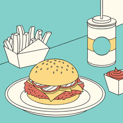 Illustration of a burger, fries, and soda on a table with ketchup