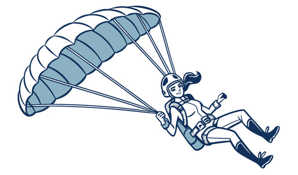 Woman skydiver gliding with a blue parachute, wearing a safety suit, isolated on white background. Concept of adventure and sports. Vector illustration