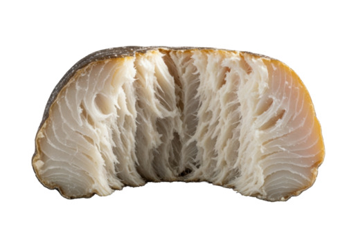 Extreme macro of torn premium salt cod (bacalhau) revealing snow-white fibrous flesh and crystalline salt, on transparent background, dramatic raking light, intricate culinary texture concept