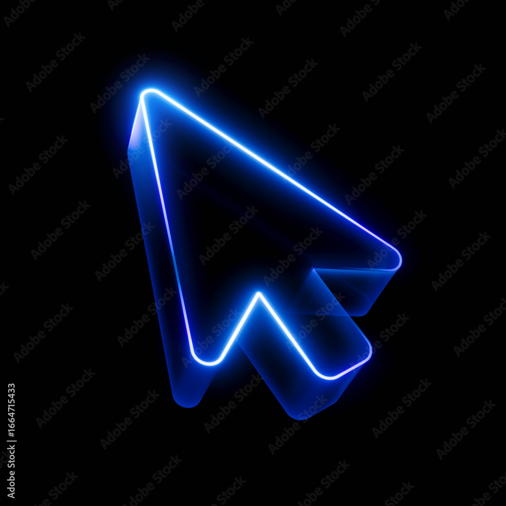 Fototapete 3d neon click pointer cursor arrow icon on black background