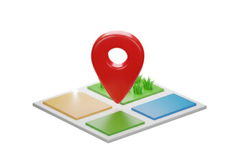 Red Location Pin Pointing to Geographic Map with Varied Terrains for Navigation and Travel Solutions