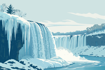 A frozen waterfall with icicles sparkling in sunlight.