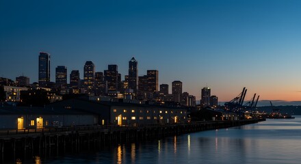 Seattle Washington cityscape at dusk showcasing waterfront and skyline view