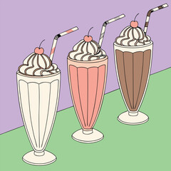 Illustration of three milkshake glasses with different flavors and toppings