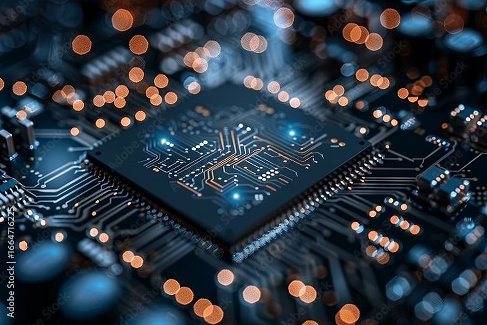 Poster close-up of illuminated microchip showcasing glowing circuitry in dark setting. advanced technology 