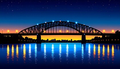 Naklejka premium Silhouette Bridge at Dusk over City River with Lights.