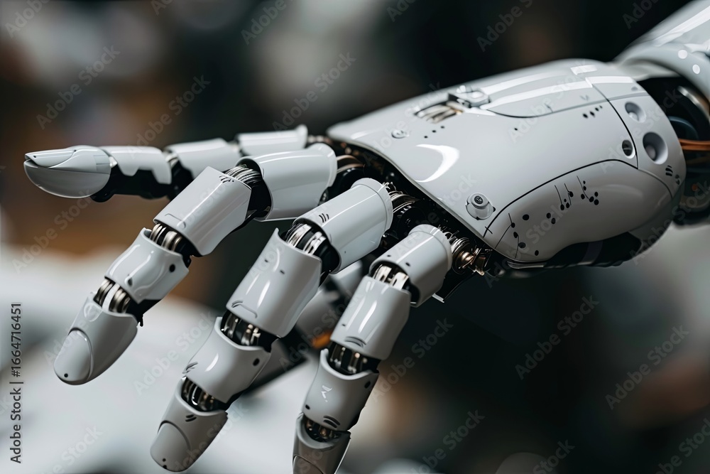 Poster close-up of a metallic robotic hand gesturing in an industrial setting. this futuristic image captur