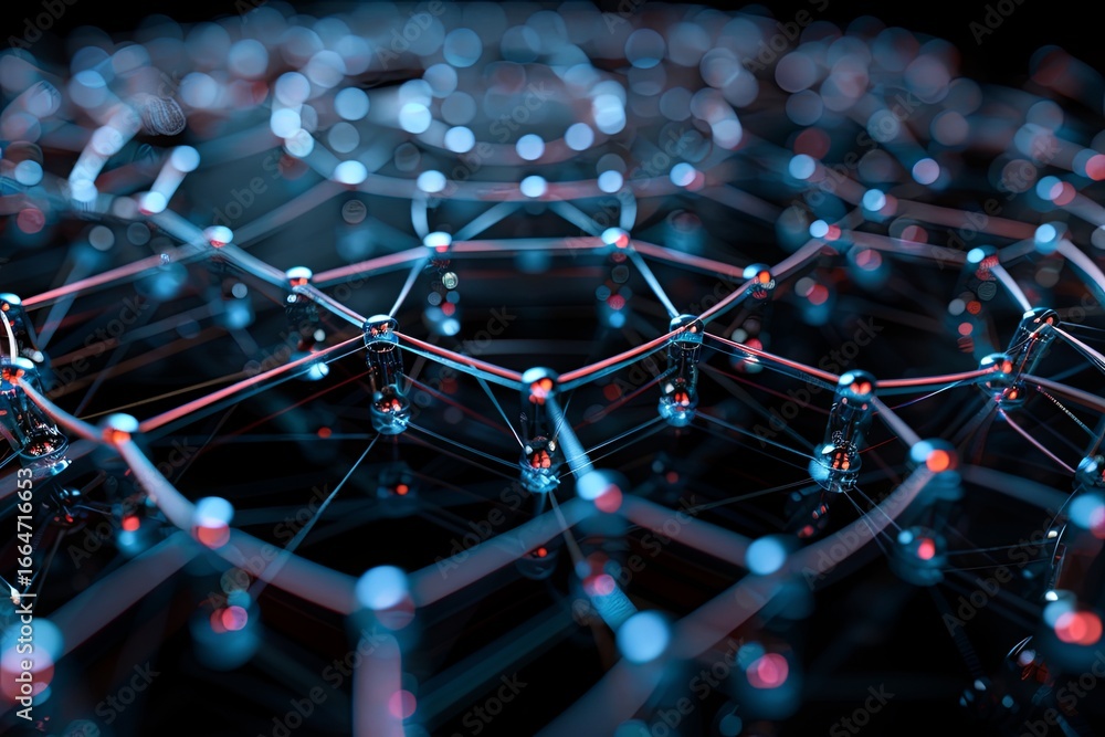 Poster complex network of interconnected nodes creates a futuristic and mysterious atmosphere. dark abstrac