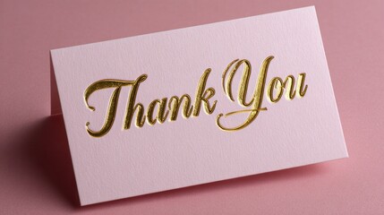 Pink greeting card featuring golden embossed words of thanks, presenting sophisticated design with monochromatic rose toned background and refined typography