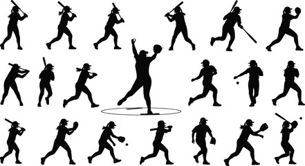 Softball player silhouette, female athlete clipart, baseball action vector, woman sports icon, pitch, hit, throw, run illustration design