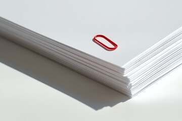 Stack of blank white paper with red binder clip lying on top office work
