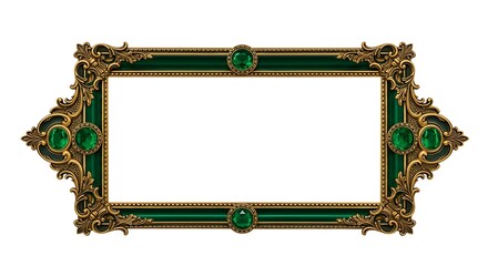 Ornate vintage golden frame with rich emerald green accents and glistening gemstone details, evoking a sense of classic luxury and decorative elegance for sophisticated design projects