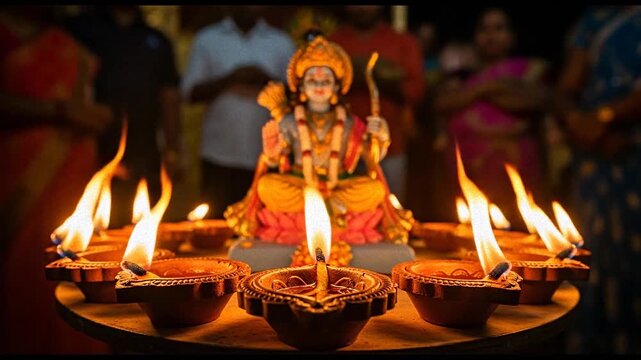 Divine Ram Navami Celebration with Lord Rama Statue and Glowing Diyas A Hindu Festival Display of Faith and Tradition