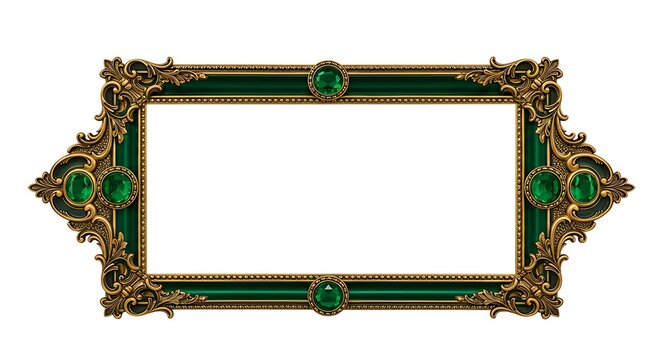 Ornate vintage golden frame with rich emerald green accents and glistening gemstone details, evoking a sense of classic luxury and decorative elegance for sophisticated design projects