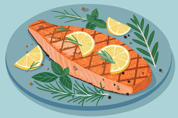 Perfectly grilled salmon steak with lemon and fresh herbs.