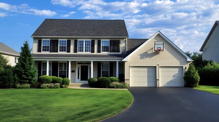 Suburban colonial style house with a basketball hoop over the garage door