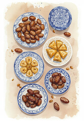 Middle Eastern dessert set with baklava and dates painted in watercolor style