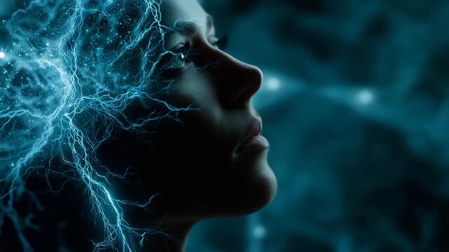 A woman's face in a blue background with lightning bolts. Conceptual silhouette showing gut glowing particles connected to brain via electric current, enteric nervous system, sci-tech dramatic neon  - Powered by Adobe