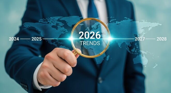 Businessman looking through magnifying glass at 2026 trends superimposed on world map