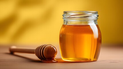 Fresh Honey in Glass Jar with Wooden Dipper on Rustic Table