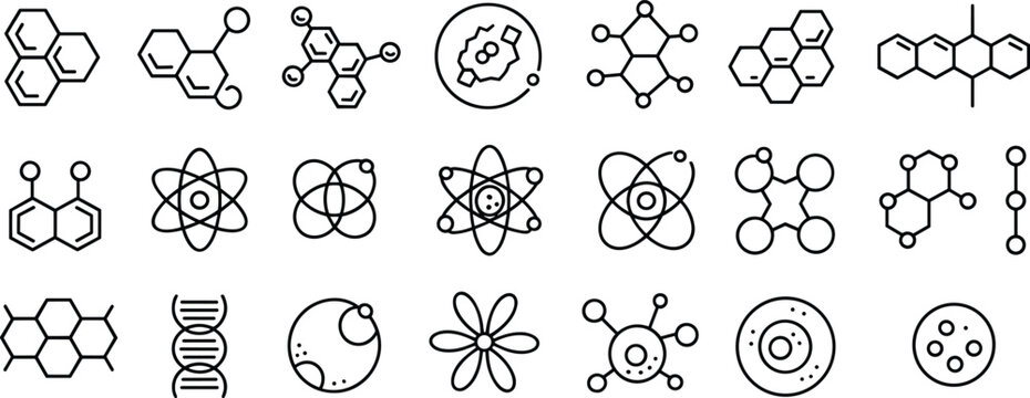 Science icons, molecular structure, DNA helix, atom model, chemistry research, biology illustration, cell diagram, physics element, nanotechnology symbol, laboratory design