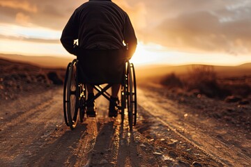 Contemplative man enjoys serene moment in wheelchair along dirt road. Sunset casts warm glow over peaceful rural landscape.