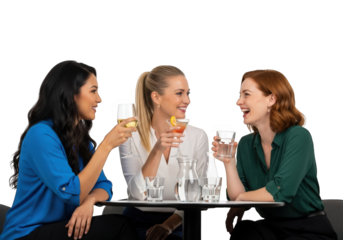 Three Women Enjoying Drinks and Conversation at a Table Against a Transparent Backdrop, Capturing Friendship, Relaxation, and Social Connection in a Casual Setting