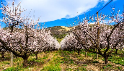 A picturesque orchard, brimming with blossoming apricot trees, stretches towards a backdrop of rolling hills under a vibrant blue sky.