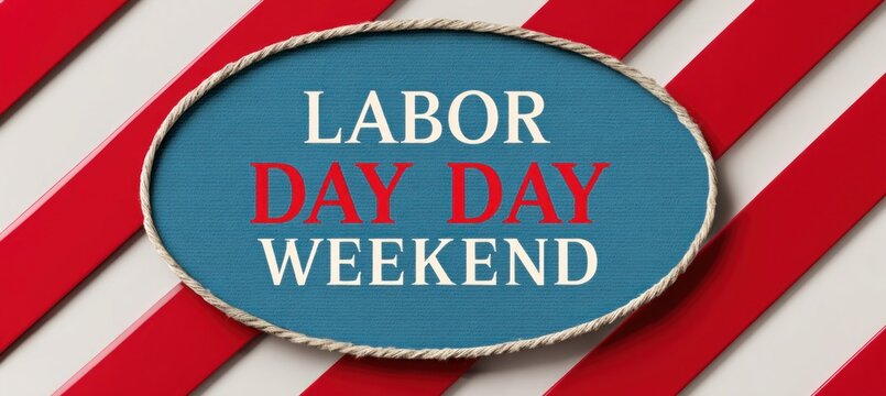 Labor day weekend oval blue sign with rope border hanging against diagonal red and white striped background, commemorating american workforce achievements