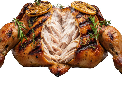 Perfectly grilled spatchcocked chicken, powerfully torn open, steaming, with caramelized skin, rosemary, lemon, on transparent background, macro shot, culinary excellence and appetite appeal
