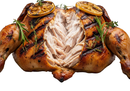 Perfectly grilled spatchcocked chicken, powerfully torn open, steaming, with caramelized skin, rosemary, lemon, on transparent background, macro shot, culinary excellence and appetite appeal