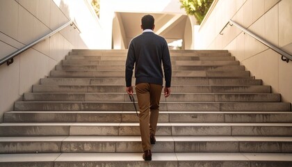 スマートカジュアルなニットとパンツで階段を上る後ろ姿 建築背景
