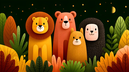 Adorable cartoon animals in a vibrant forest, perfect for children's illustrations and designs