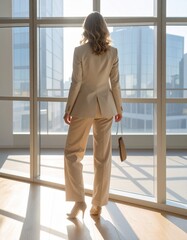 大きな窓から自然光が差し込むモダンなオフィスで、ブレザーとスラックスを着用した人物を背面から捉えた構図です。明るく開放的な雰囲気があり、ビジネス記事、企業広告、採用資料、働き方やオフィス環境に関するコンテンツに適しています。