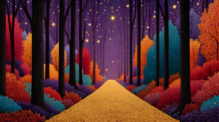 Magical forest path under a starry night sky, inviting exploration and inspiring wonder