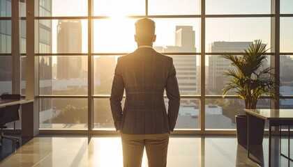 大きな窓から自然光が差し込むモダンなオフィスで、ブレザーとスラックスを着用した人物を背面から捉えた構図です。明るく開放的な雰囲気があり、ビジネス記事、企業広告、採用資料、働き方やオフィス環境に関するコンテンツに適しています。
