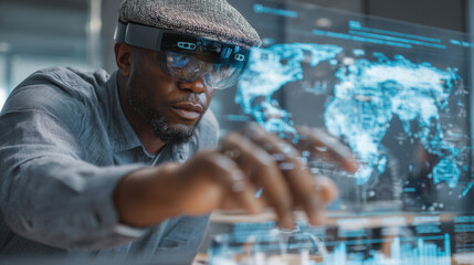 Immersive technology is showcased as man interacts with holographic display, analyzing global data. scene highlights innovation, focus, and advanced technology in modern workspace